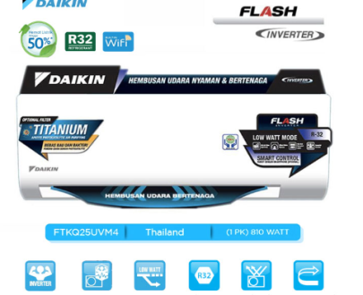 Daikin AC Wall Mounted Split Flash Inverter Thailand FTKQ Series 1 PK - FTKQ25UVM4 + RKQ25UVM4
